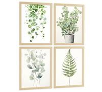 Nacnic Set De 4 Laminas Flores Botanico Verde. Arte De Pared Botánico Boho Minimalista Posters Florales Para Dormitorio Sala De Estar Cocina A4 Marco Madera Clara