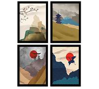 Nacnic Set de 4 Pósters de Japón Armonía. Láminas e Ilustraciones con Estética Oriental. Diseño y Decoración de Interiores. A4 con marco negro.