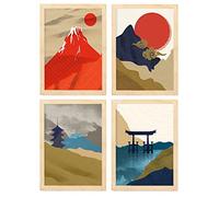 Nacnic Set de 4 Pósters de Japón Templos. Láminas e Ilustraciones con Estética Oriental. Diseño y Decoración de Interiores. A3 con marco color madera.