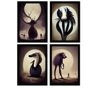 Nacnic Set de 4 Posters Marrón estilo T. Burton. Ilustraciones y pósters de animales inspirados en el arte gótico y oscuro de Burton. Diseño y Decoración de Interiores. A4.