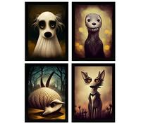 Nacnic Set de 4 Posters Perros estilo T. Burton. Ilustraciones y pósters de animales inspirados en el arte gótico y oscuro de Burton. Diseño y Decoración de Interiores. A4 Marcos negros.