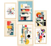 Nacnic Set de 6 Bauhaus Arquitectura Deconstruida Cuadros con ilustración de diseño para Decorar Las Paredes del hogar. Habitación, Oficina, Tienda. Tamaño A3 y A4. Marco Madera Clara