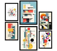 Nacnic Set de 6 Bauhaus Arquitectura Deconstruida Cuadros con ilustración de diseño para decorar las paredes del hogar. Habitación, oficina, tienda. Tamaño A3 y A4. Marco negro
