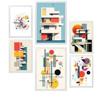 Nacnic Set de 6 Bauhaus Arquitectura Deconstruida Cuadros con ilustración de diseño para decorar las paredes del hogar. Habitación, oficina, tienda. Tamaño A3 y A4. Marco blanco