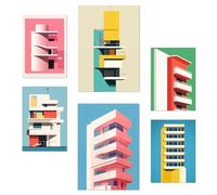 Nacnic Set De 6 Bauhaus Arquitectura Rosa Rojo Verde Aul Pósters Con Ilustración De Diseño Para Decorar Las Paredes Del Hogar Habitaciones, Oficina Tienda Y Negocio A3 Y A4 Sin Marco