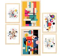 Nacnic Set de 6 Bauhaus Rojo Azul Amarillo Negro Cuadros con ilustración de diseño para decorar las paredes del hogar. Habitación, oficina, tienda. Tamaño A3 y A4. Marco madera clara