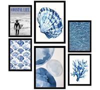 Nacnic Set de 6 Cuadros Azul Marino, mar y verano ilustración de diseño para decorar las paredes del hogar. Habitación A3 y A4 Marco negro