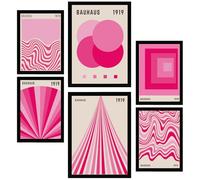Nacnic Set de 6 Cuadros Geometrico Bauhaus colores viibrantes Rosa Fucsia ilustración de diseño para decorar las paredes del hogar. Habitación A3 y A4 Marco negro