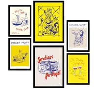 Nacnic Set de 6 Cuadros Ilustraciones de alimentos y comida estilo pop art amarillo ilustración de diseño para decorar las paredes del hogar. Habitación A3 y A4 Marco negro
