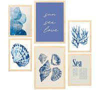 Nacnic Set de 6 Cuadros Marino, azul, mar, verano ilustración de diseño para decorar las paredes del hogar. Habitación A3 y A4 Marco madera clara