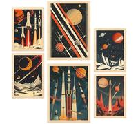 Nacnic Set de 6 Cuadros Nave espacial, cohete, planetas vintage tonos rojos y azules ilustración de diseño para decorar las paredes del hogar. Habitación A3 y A4 Marco madera clara