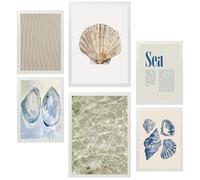Nacnic Set de 6 Cuadros Playa, mar, oceano ilustración de diseño para decorar las paredes del hogar. Habitación A3 y A4 Marco blanco
