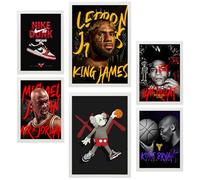 Nacnic Set de 6 Grafiti Pop King James Jordan Nike Basquiat Kobie Cuadros con ilustración de diseño para decorar las paredes del hogar Habitación A3 A4 Marco blanco