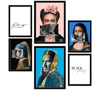 Nacnic Set de 6 Iconic Frida Van Gohg Collage Pop Art Cuadros con ilustración de diseño para decorar las paredes del hogar. Habitación, oficina, tienda. A3 y A4. Marco negro