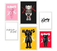 Nacnic Set de 6 Iconic Kaws message Cuadros con ilustración de diseño para decorar las paredes del hogar. Habitación, oficina, tienda. A3 y A4. Marco blanco