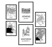 Nacnic Set de 6 láminas de Europa. Pósters con Ilustraciones en Estilo nórdico de mapas y monumentos para tu hogar, Negocio, Oficina. Decoración de Interiores. Tamaños A4 y A3. con Marco.