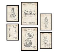 Nacnic Set de 6 láminas de patentes Astronauta. Pósters con dibujos retro de inventos antiguos para tu hogar. Decoración de interiores estilo Vintage. Tamaños A4 y A3. Sin marco.
