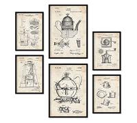 Nacnic Set de 6 láminas de Patentes Cafetera. Pósters con Dibujos Retro de inventos Antiguos para tu hogar. Decoración de Interiores Estilo Vintage. Tamaños A4 y A3. con Marco.
