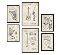 Nacnic Set de 6 láminas de patentes Instrumentos de cuerda. Pósters con dibujos retro de inventos antiguos. Decoración de interiores estilo Vintage. Tamaños A4 y A3. Sin marco.