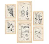 Nacnic Set de 6 láminas de Patentes Instrumentos de Cuerda. Pósters con Dibujos Retro de inventos Antiguos. Decoración de Interiores Estilo Vintage. Tamaños A4 y A3.
