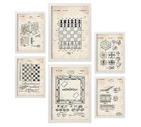 Nacnic Set de 6 láminas de Patentes Juegos de Mesa. Pósters con Dibujos Retro de inventos Antiguos para tu hogar. Decoración de Interiores Estilo Vintage. Tamaños A4 y A3. con Marco.