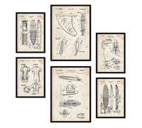 Nacnic Set de 6 láminas de patentes Surf. Pósters con dibujos retro de inventos antiguos. Decoración de interiores estilo Vintage. Tamaños A4 y A3. Sin marco.
