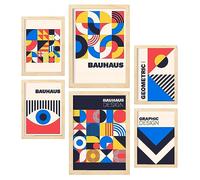 Nacnic Set de 6 Laminas en Bauhaus Style 6 Laminas de colección de diseño geométrico con marcos Cuadros decorativos para su sala de estar, dormitorio, hogar Tamaños A4 y A3 con marcos de madera ligera