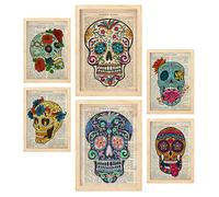 Nacnic Set de 6 Posters de Calaveras Vintage. Colección de láminas con estética Collage para la decoración de Interiores. Tamaños A3 y A4. con Marco Color Madera.