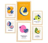 Nacnic Set de 6 Posters de Comida y Alimentación. Ambiente Tropical. Láminas de Naturaleza y Nutrición para el Diseño y Decoración de Interiores. Tamaños A3 & A4, Marcos Color Madera.