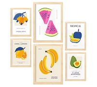 Nacnic Set de 6 Posters de Comida y Alimentación. Frutas Coloridas. Láminas de Naturaleza y Nutrición para el Diseño y Decoración de Interiores. Tamaños A3 & A4, Marcos Color Madera.