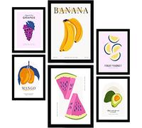 Nacnic Set de 6 Posters de Comida y Alimentación. Frutas de Verano. Láminas de Naturaleza y Nutrición para el Diseño y Decoración de Interiores. Tamaños A3 & A4, Marco Negro.