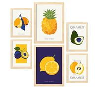 Nacnic Set de 6 Posters de Comida y Alimentación. Frutas Tropicales. Láminas de Naturaleza y Botánica para el Diseño y Decoración de Interiores. Tamaños A3 & A4, Marcos Color Madera.