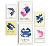 Nacnic Set de 6 Posters de Comida y Alimentación. Mercado costero. Láminas de Naturaleza y Nutrición para el Diseño y Decoración de Interiores. Tamaños A3 & A4, Marcos Blancos.