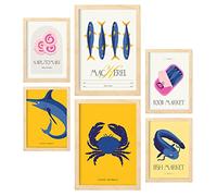 Nacnic Set de 6 Posters de Comida y Alimentación. Productos del mar. Láminas de Naturaleza y Nutrición para el Diseño y Decoración de Interiores. Tamaños A3 & A4, Marcos Color Madera.