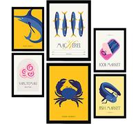 Nacnic Set de 6 Posters de Comida y Alimentación. Productos del mar. Láminas de Naturaleza y Nutrición para el Diseño y Decoración de Interiores. Tamaños A3 & A4, Marcos Negros.