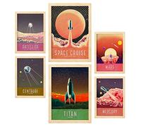 Nacnic Set de 6 Posters de Espacio. Colección de láminas con estética Collage para la decoración de Interiores. Tamaños A3 y A4. con Marco Color Madera.