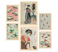 Nacnic Set de 6 Posters de Japón. Colección de láminas con estética Collage para la decoración de Interiores. Tamaños A3 y A4. con Marco Color Madera.