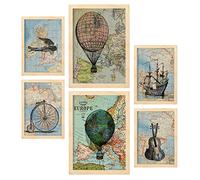 Nacnic Set de 6 Posters de Mapas Vintage. Colección de láminas con estética Collage para la decoración de Interiores. Tamaños A3 y A4. con Marco Color Madera.