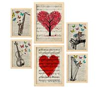 Nacnic Set de 6 Posters de Música Vintage. Colección de láminas con estética Collage para la decoración de Interiores. Tamaños A3 y A4. con Marco Color Madera.