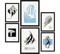 Nacnic Set de 6 Posters en Tinta Negra. Patrones del mar. Láminas Artísticas del Mar y Océano para el Diseño y Decoración de Interiores. Tamaños A3 & A4, sin marcos.