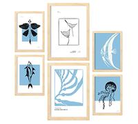 Nacnic Set de 6 Posters en Tinta Negra. Peces raros. Láminas Artísticas del Mar y Océano para el Diseño y Decoración de Interiores. Tamaños A3 & A4, Marcos Color Madera.