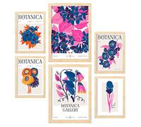 Nacnic Set de 6 Posters Florales. Galería botánica. Láminas de Naturaleza y Botánica para el Diseño y Decoración de Interiores. Tamaños A3 & A4, Marcos Color Madera.