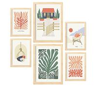 Nacnic Set de 6 Posters Minimalismo en Colores Vibrantes. Casa de la Playa. Láminas de Paisajes y Naturaleza para el Diseño y Decoración de Interiores. Tamaños A3 & A4, Marcos Color Madera.