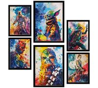 Nacnic Set de 6 Starwars Colorido Cuadros con ilustración de diseño para Decorar Las Paredes del hogar. Habitación, Oficina, Tienda. Tamaño A3 y A4. Marco Negro