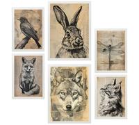 Nacnic Set de 6 Vintage animals. Bird, rabbit, dragonfly, fox, wolf, cat Cuadros con ilustración de diseño para decorar las paredes del hogar. Habitación, oficina, tienda. A3 y A4. Marco blanco