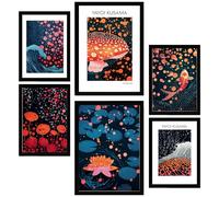Nacnic Set de 6 Yayoi Kusama Champiñón Ola Colores oscuros Japonés Cuadros con ilustración de diseño para decorar las paredes del hogar. Habitación, oficina, tienda. Tamaño A3 y A4. Marco negro
