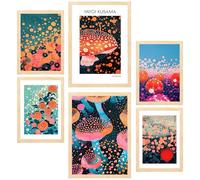 Nacnic Set de 6 yayoi kusama mushroom water flower japanise Cuadros con ilustración de diseño para decorar las paredes del hogar. Habitación, oficina. A3 y A4. Marco madera clara