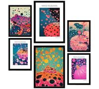 Nacnic Set de 6 Yayoi Kusama pumpkin frog pink orange japanise colors Cuadros con ilustración de diseño para decorar las paredes del hogar. Habitación, oficina, tienda. A3 y A4. Marco negro