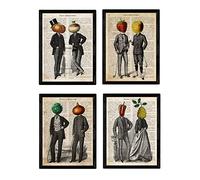 Nacnic Set de Cuatro láminas de Frutas y Verduras. Tamaño A4. Modelo 3. con Marco