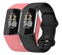 Nacorulu Compatible con Fitbit Charge 6 / Fitbit Charge 5, correa de repuesto de silicona suave para mujeres y hombres, paquete de 2 (negro_arena rosa, grande (7.1-9.1 pulgadas)